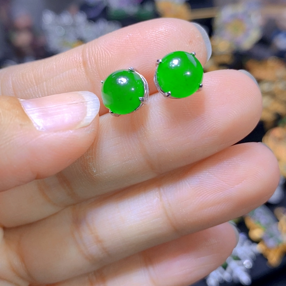 翡翠耳钉银S925镶嵌天然翡翠
