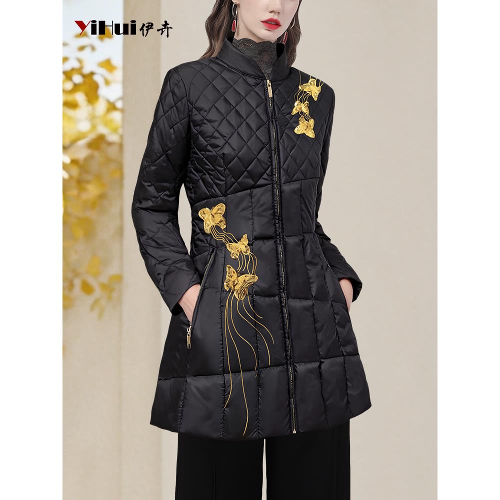 YIHUI伊卉A新中式刺绣花羽绒服外套中长款保暖白鸭绒国风WG256852
