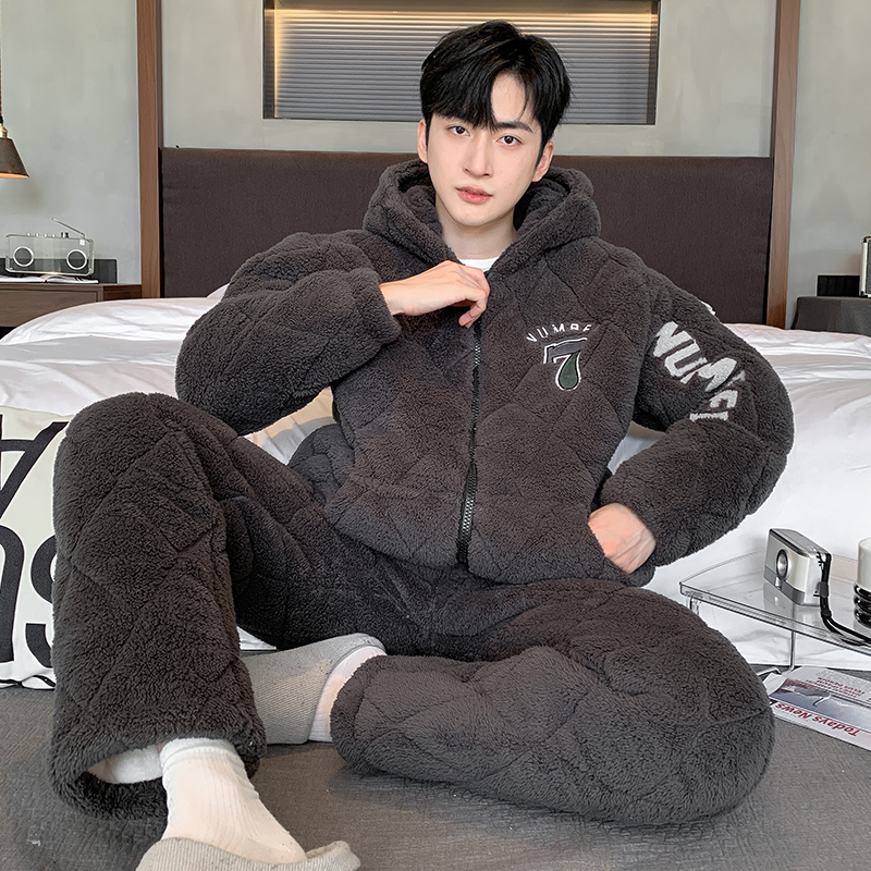 珊瑚绒睡衣男秋冬季加绒加厚三层夹棉保暖套装冬天初中学生家居服