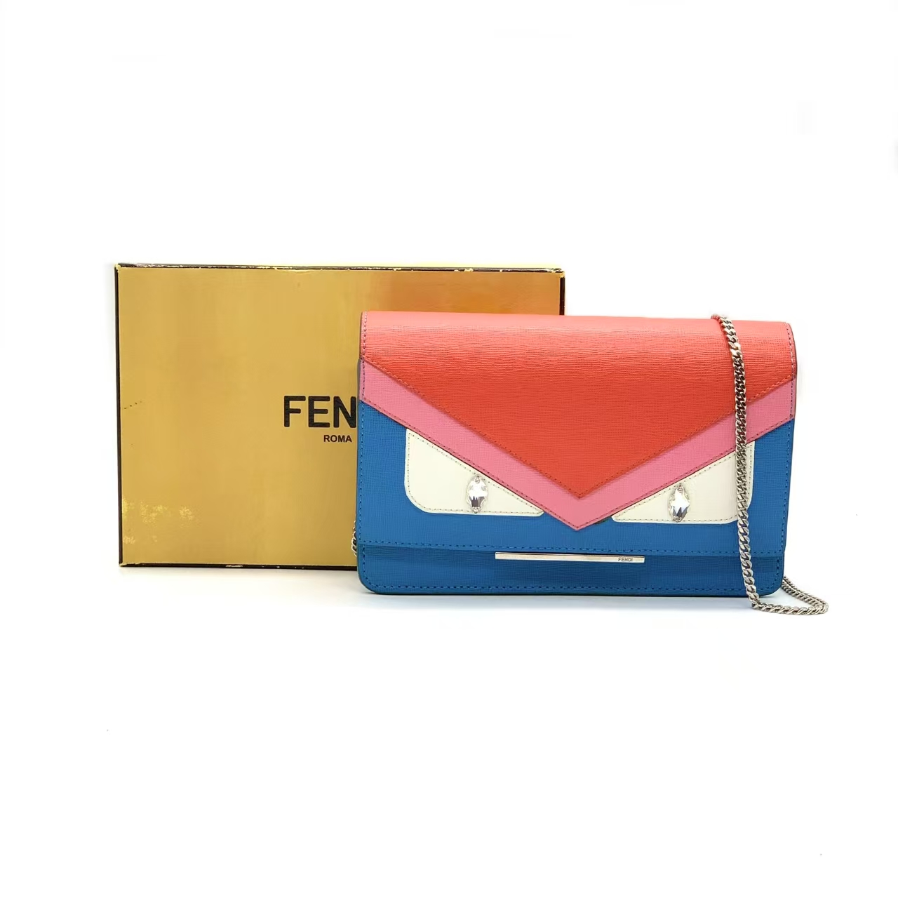 95新 FENDI/芬迪 蓝拼橘小怪兽woc链条包