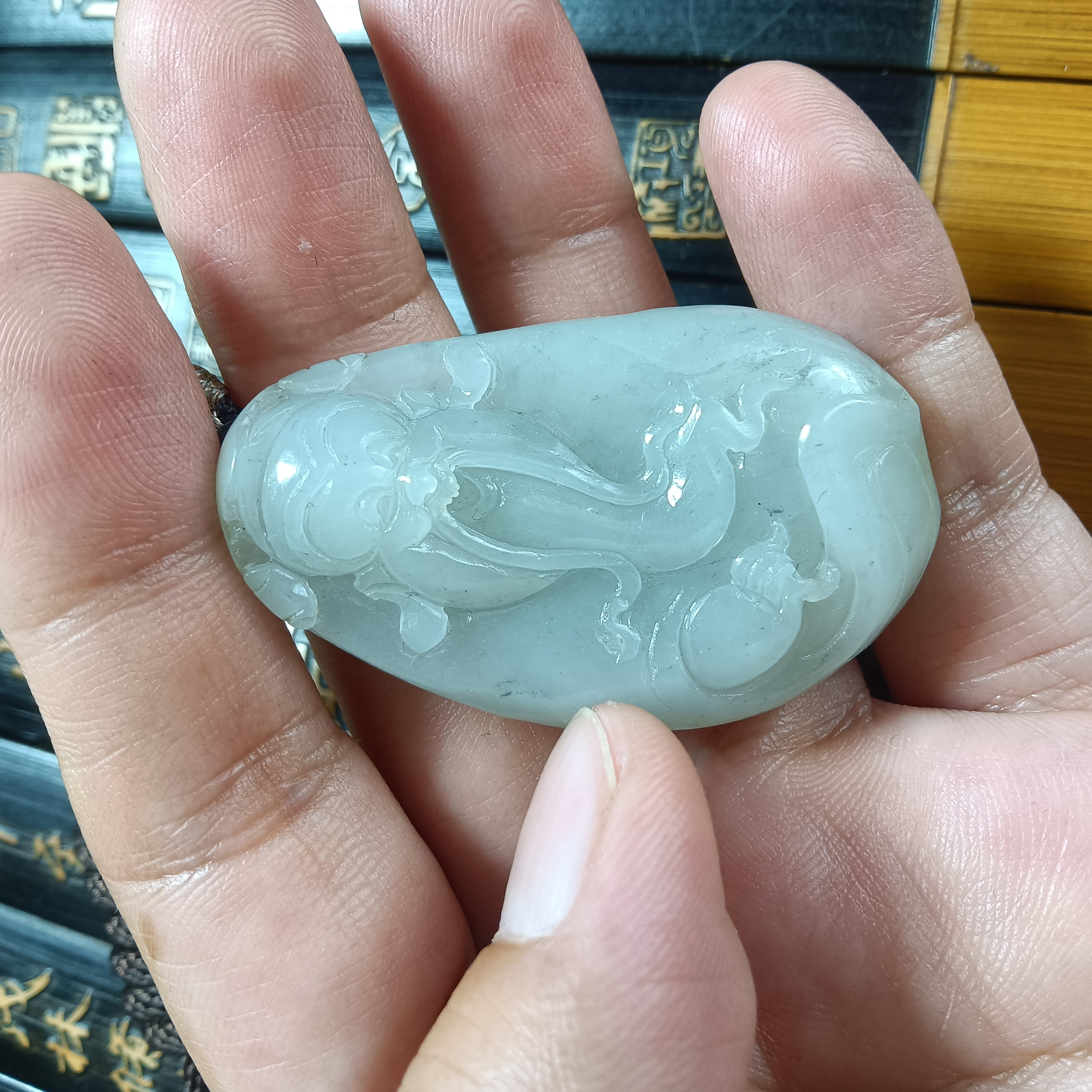 新疆和田玉青花吊坠财神，手工雕刻料子细润揉光净货天然无优化