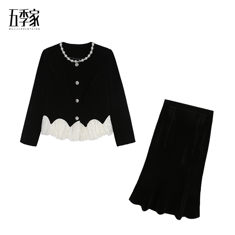 五季家冬季ZL115121黑色外套+ZL113889黑色丝绒鱼尾裙 套装