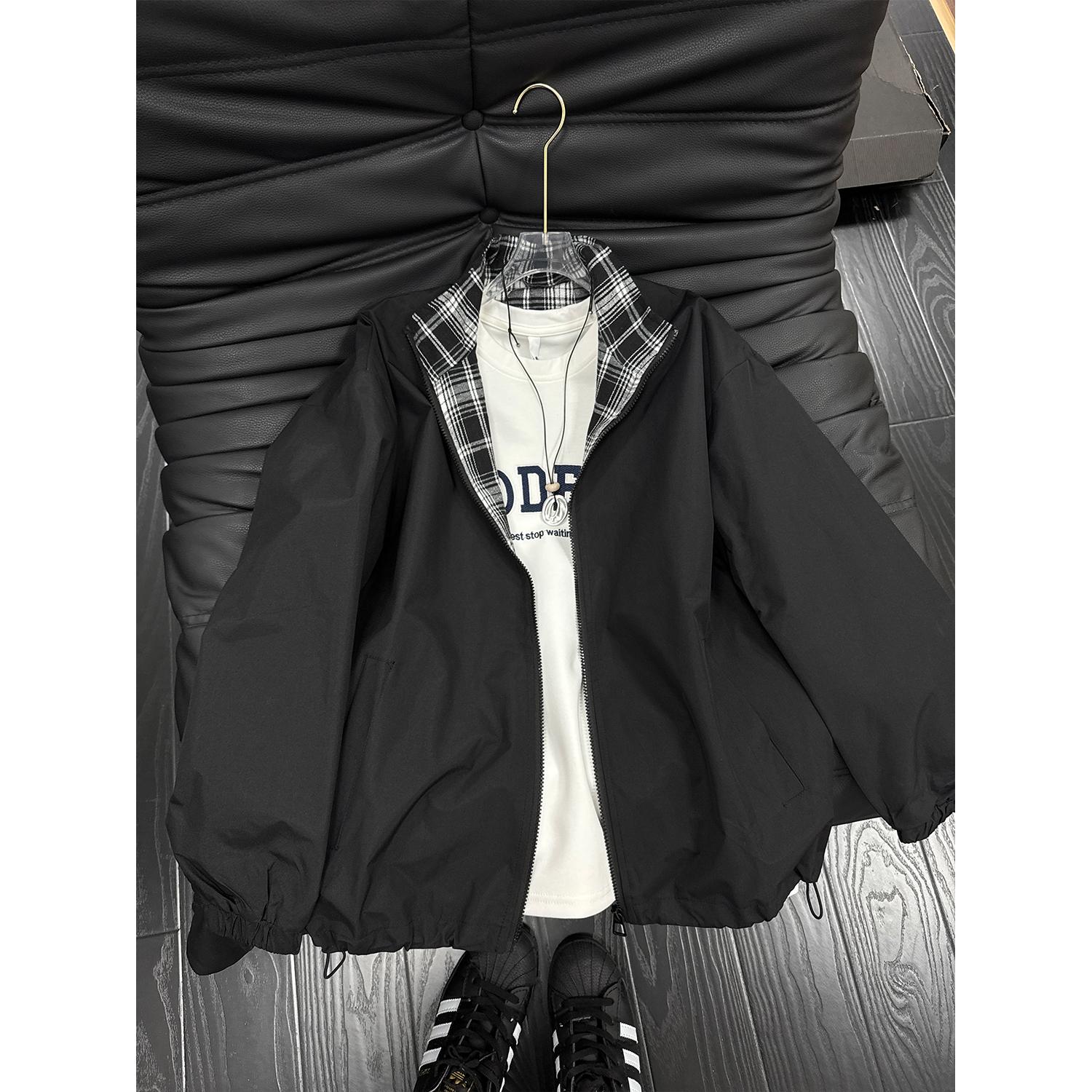 fitcheck格子拼接外套男款春秋高级感翻领夹克美式复古情侣棒球服