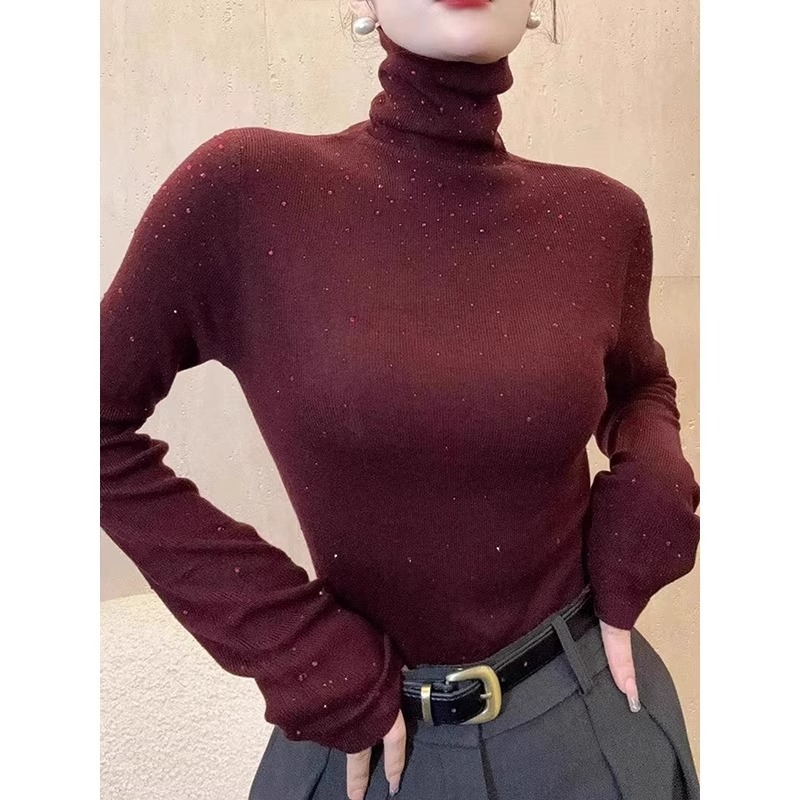 秋冬新款时尚高领针织亮钻长袖正肩T恤加磨毛显瘦收腰打底衫上衣