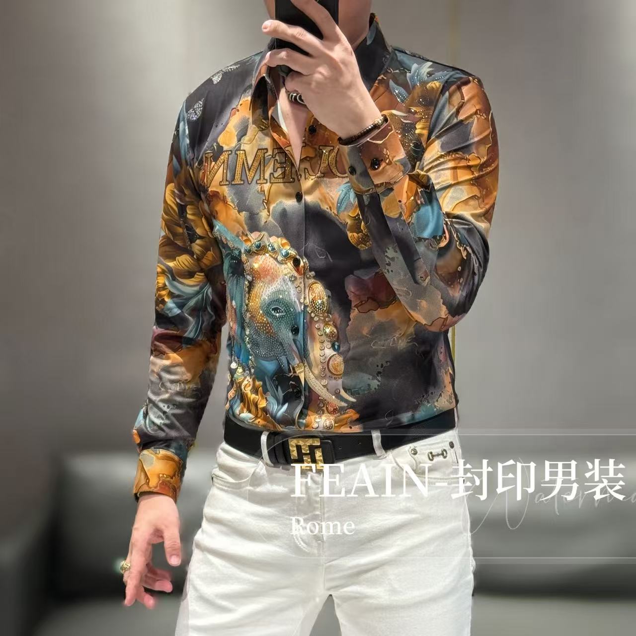 高端男士弹力莱卡吉象如意奥钻点缀长袖衬衫72629