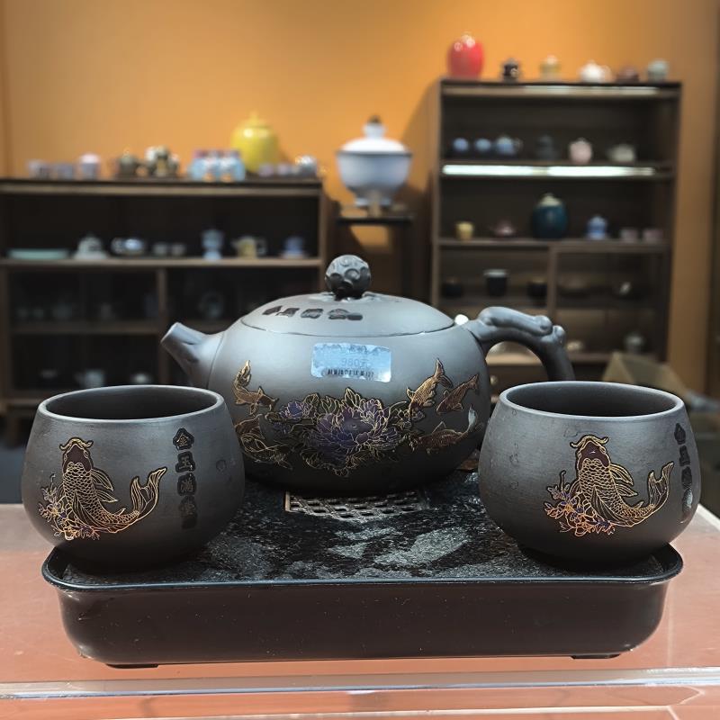 陶子茶具 金玉满堂紫砂大西施壶一壶两杯家用泡茶小套组-2533