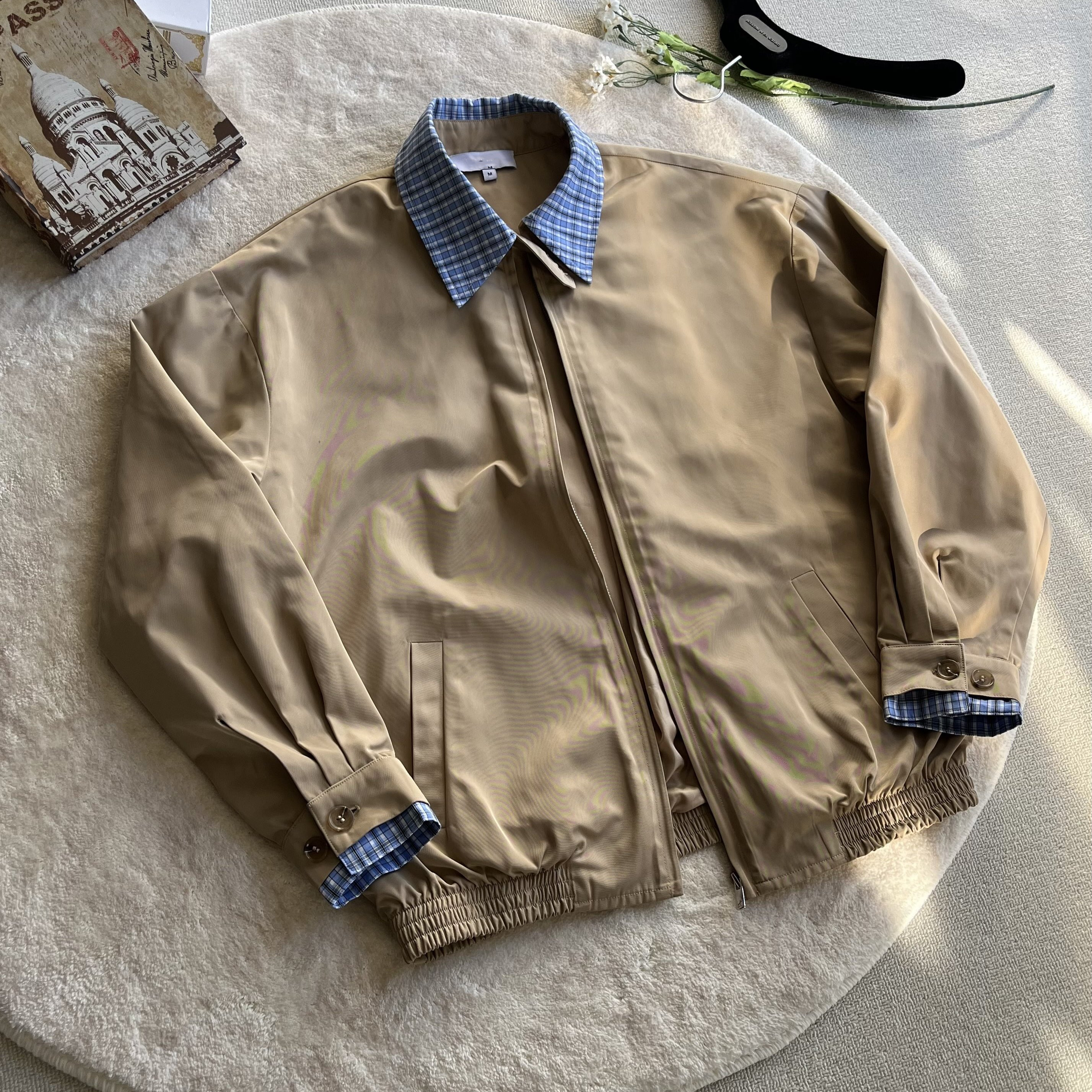 D52 假两件miu系卡其藏蓝哈灵顿夹克外套学院风cleanfit老钱