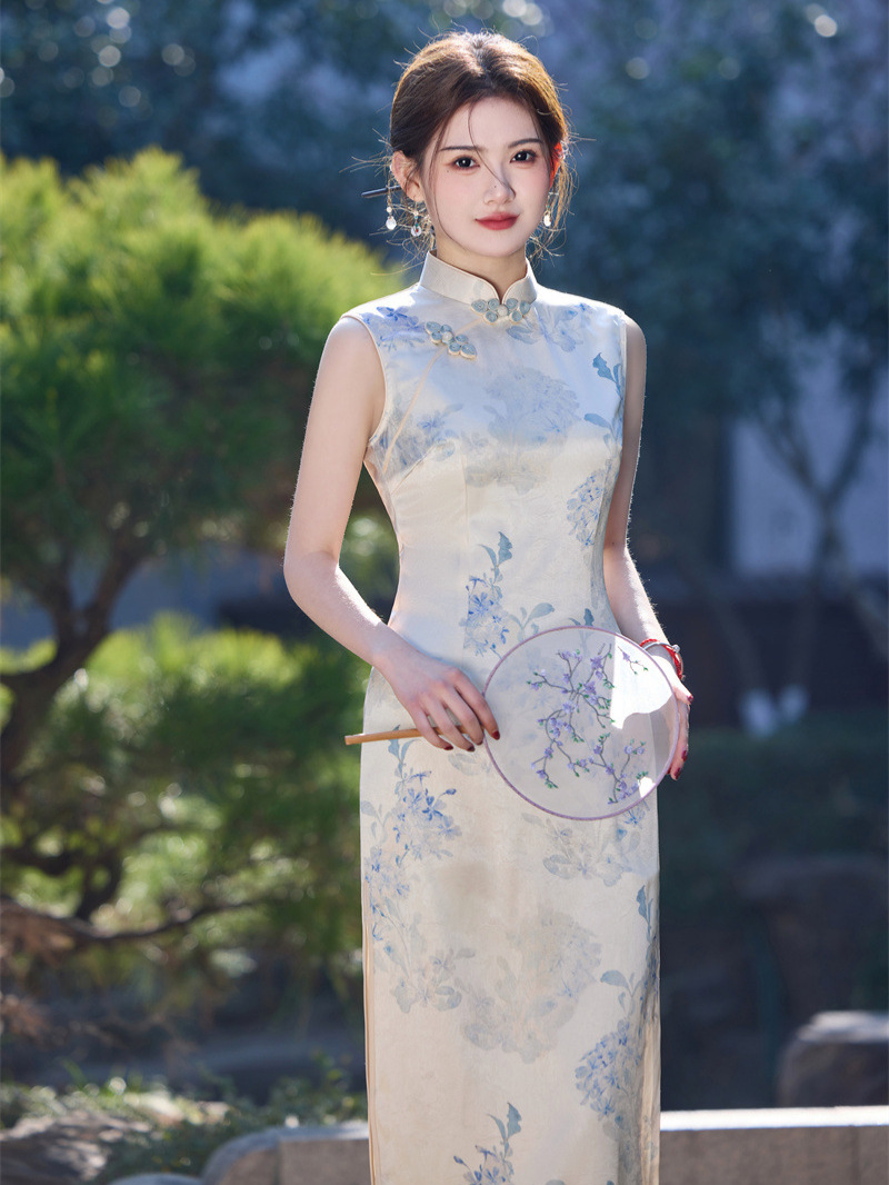 风华《茉香花》清冷感白色修身旗袍长款旗袍无袖仿醋酸中国风气质
