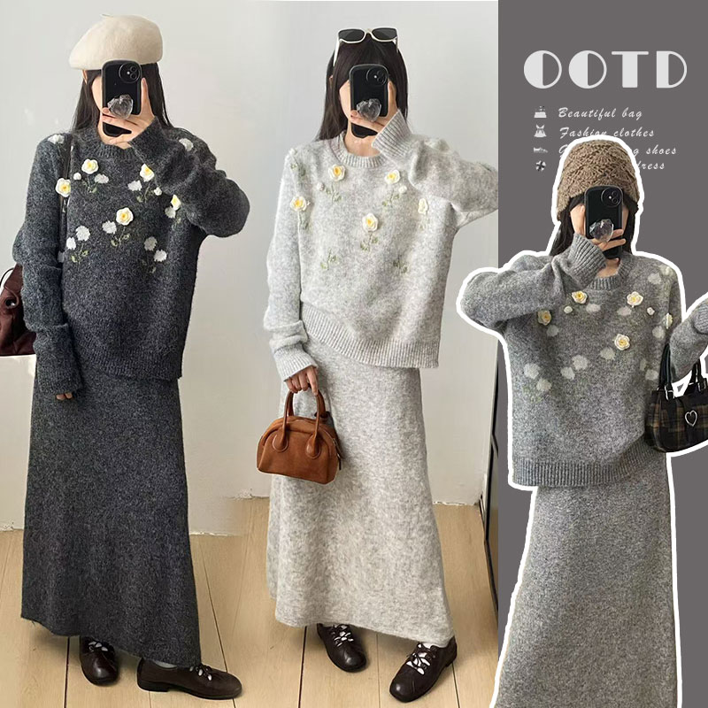 孕妇套装2025秋冬圆领撞色刺绣立体花朵针织毛衣+半身裙两件套