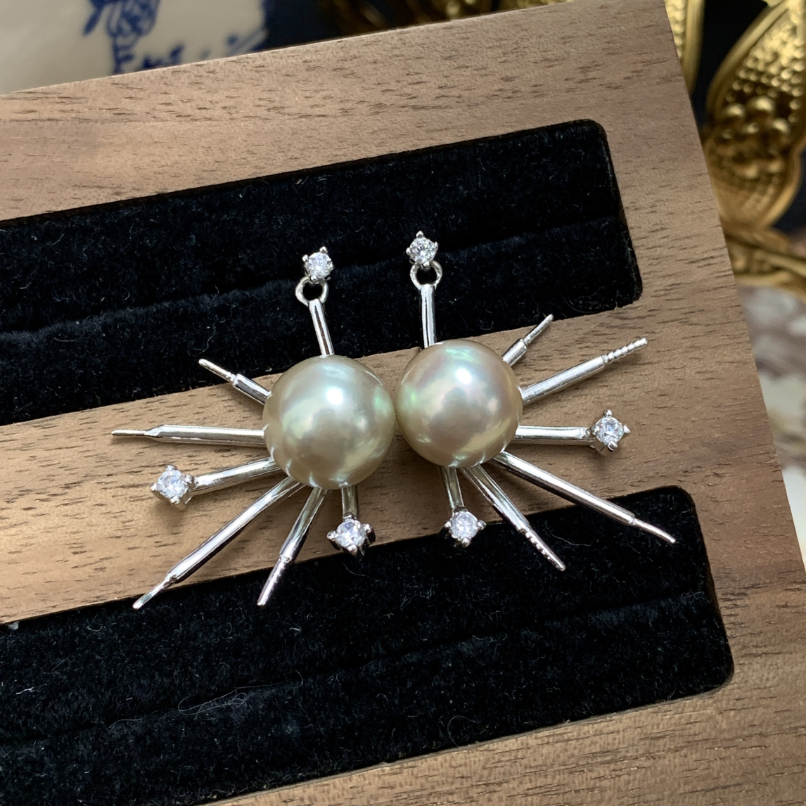 天然海水珍珠大溪地辣色烟花个性小众耳钉9-10mm