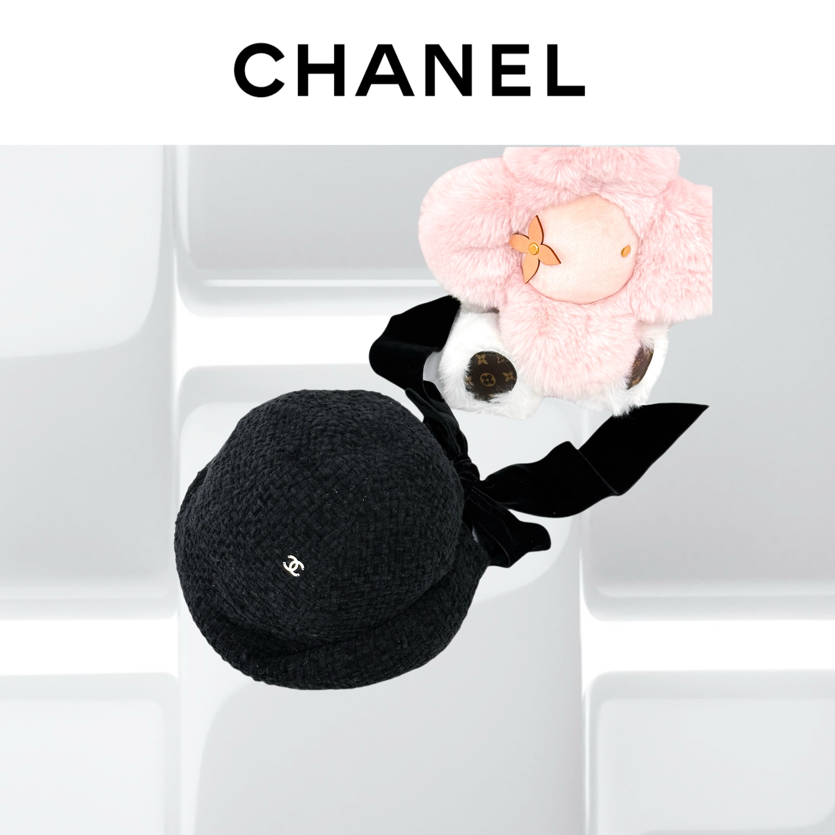 99新 Chanel/香奈儿 L码22B黑色粗花呢蝴蝶结帽子