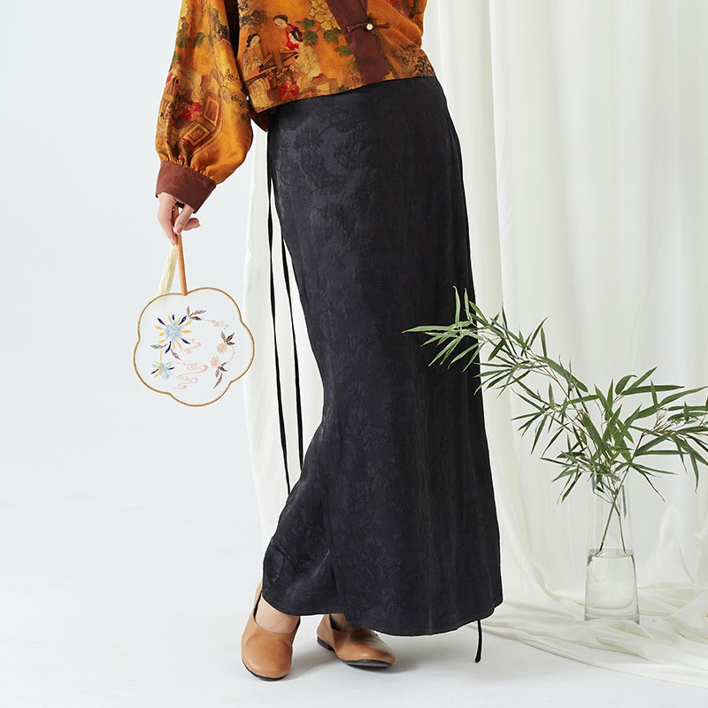 【十三郎】新中式树叶提花裹裙230222