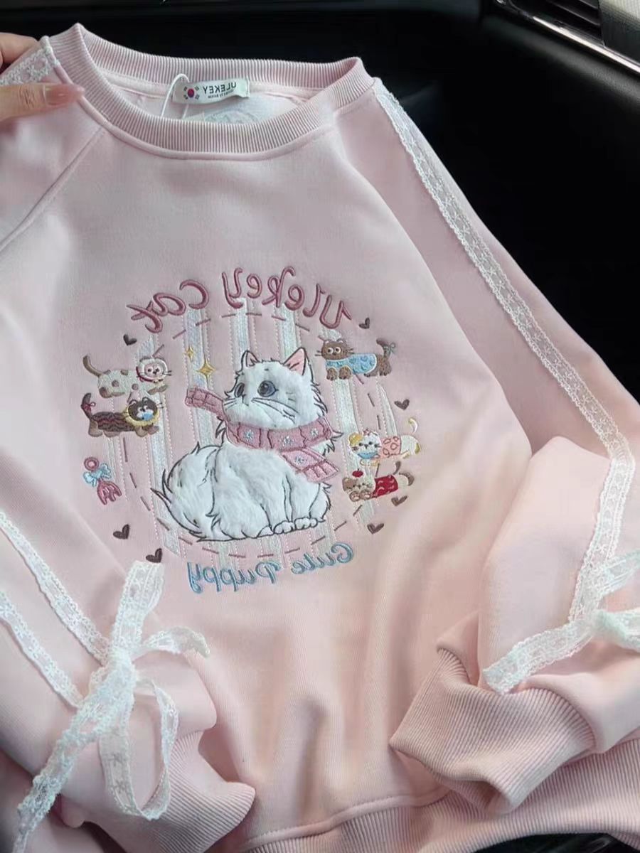 韩系甜美重工刺绣卡通猫咪蕾丝插肩卫衣女童秋冬加绒宽松长袖上衣