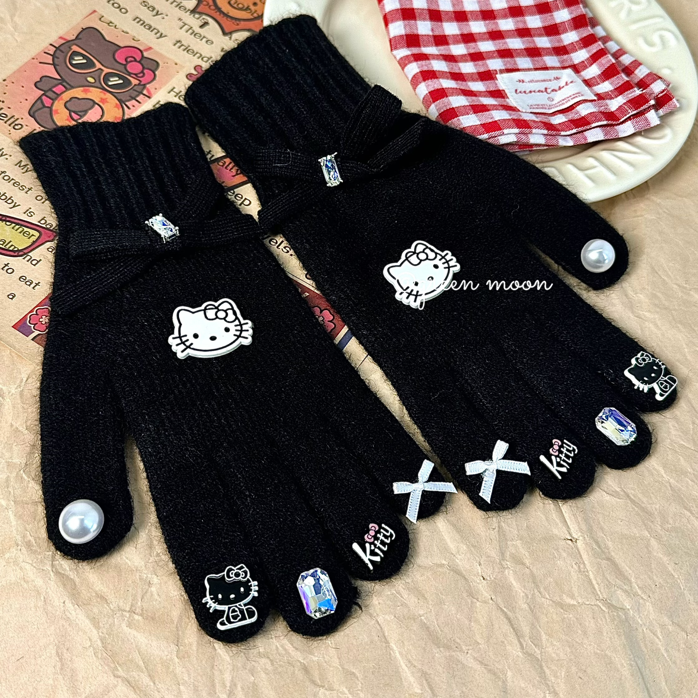 黑色小猫韩版毛绒潮酷氛围保暖手套加绒冬季秋冬甜妹P631