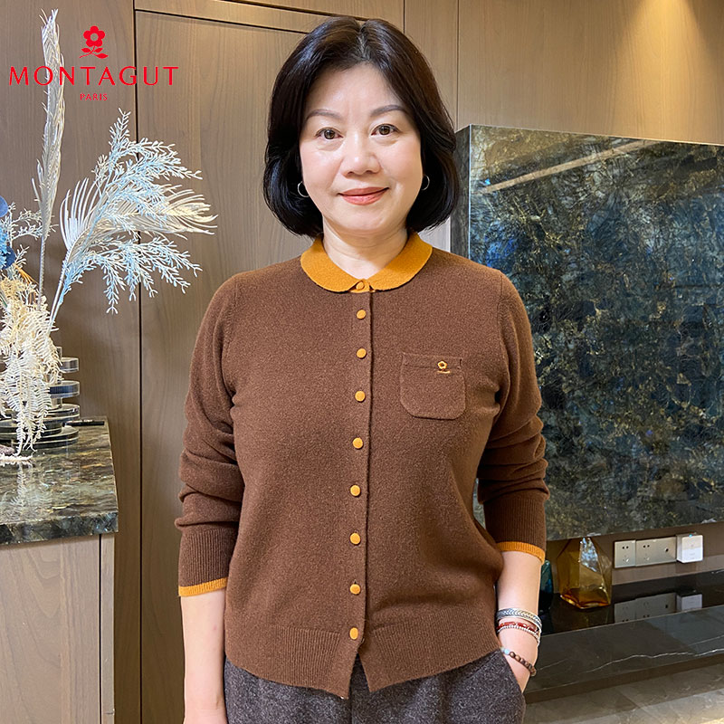 梦特娇秋冬新款100%绵羊毛针织开衫小圆领拼色羊毛衫上衣2985