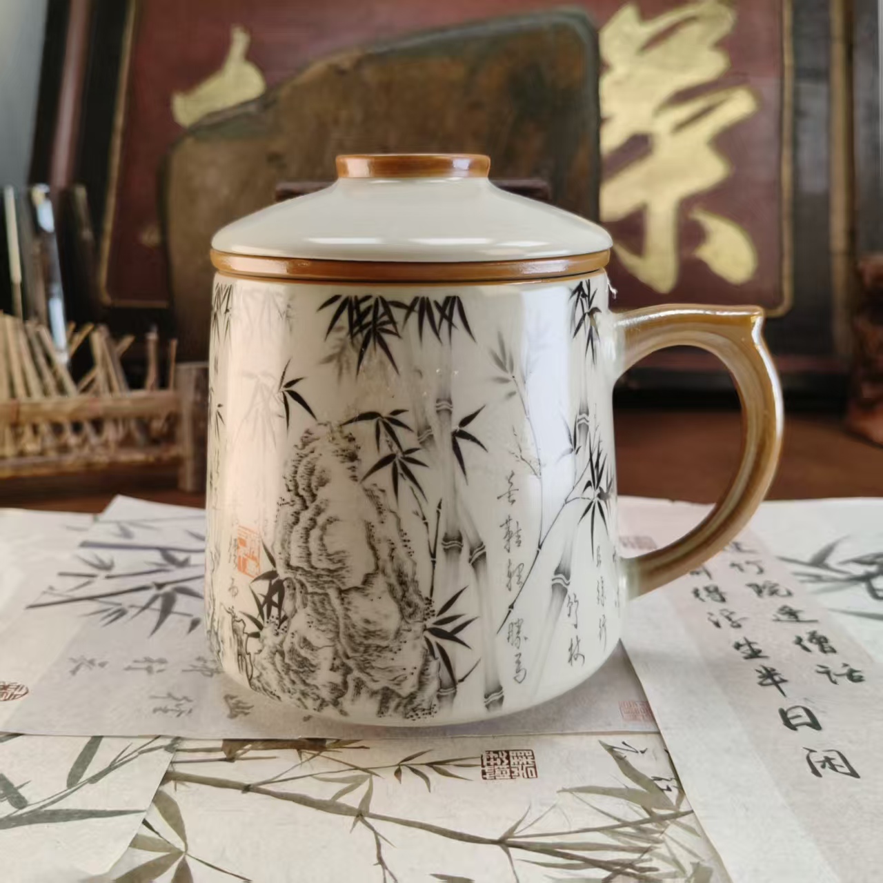 复古陶瓷汝窑办公杯-墨竹-4393-直播专享