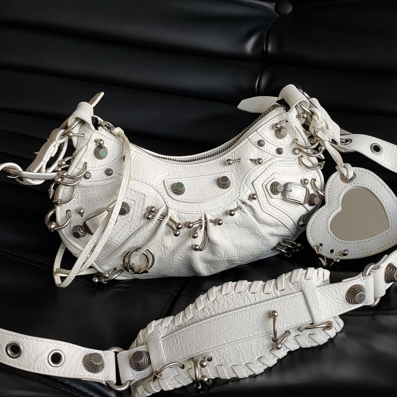 95新 Balenciaga/巴黎世家 白银油蜡le cagole xs铆钉单肩包51244