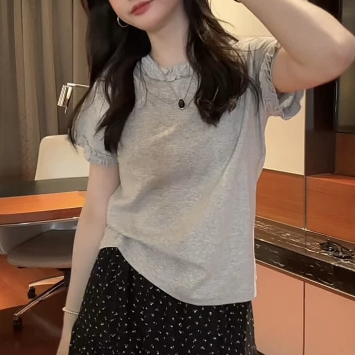 韩系圆领荷叶边短袖T恤女夏季新款韩版宽松休闲上衣