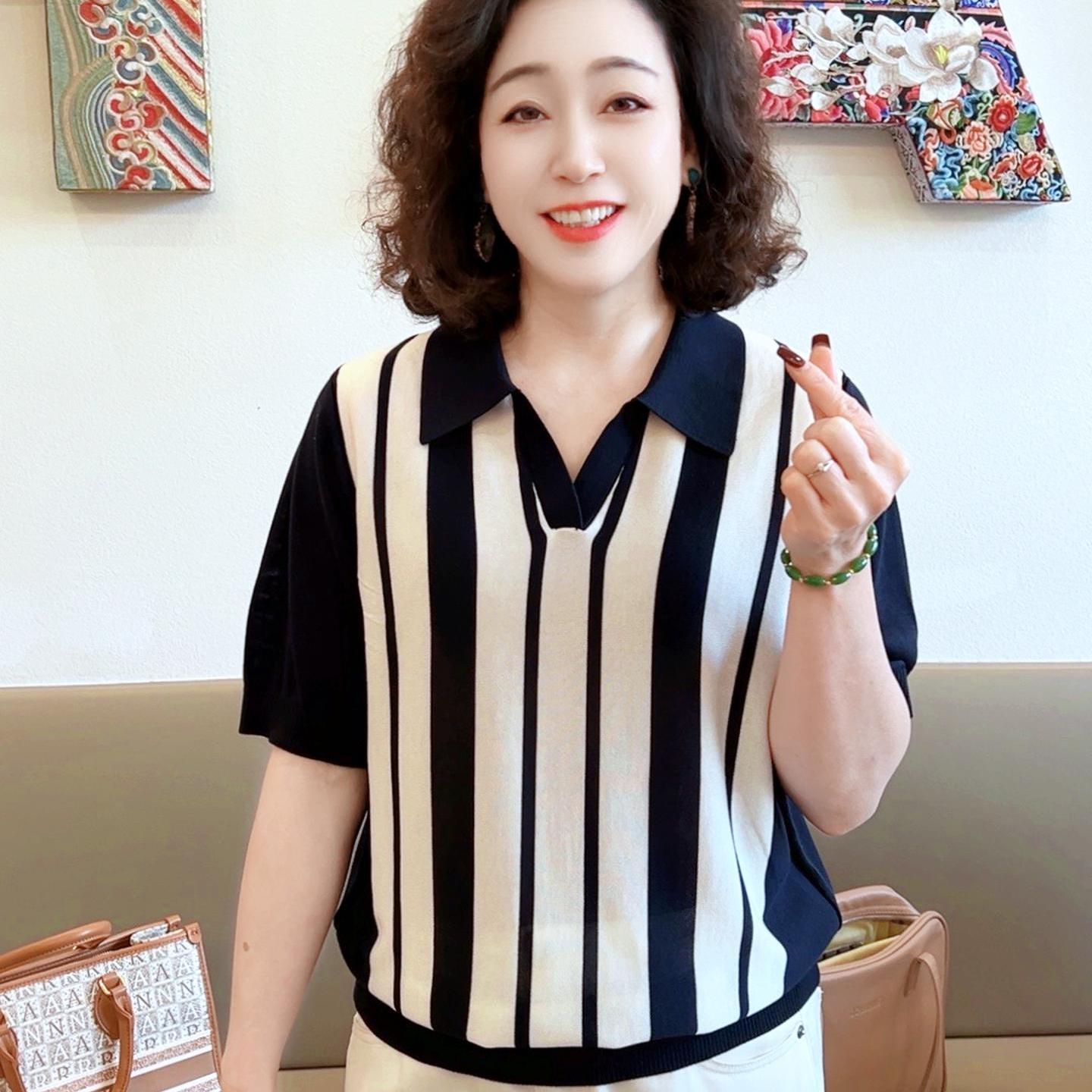 【清凉+透气】新款条纹短袖（2516）夏季宽松微胖翻领大码女装时尚