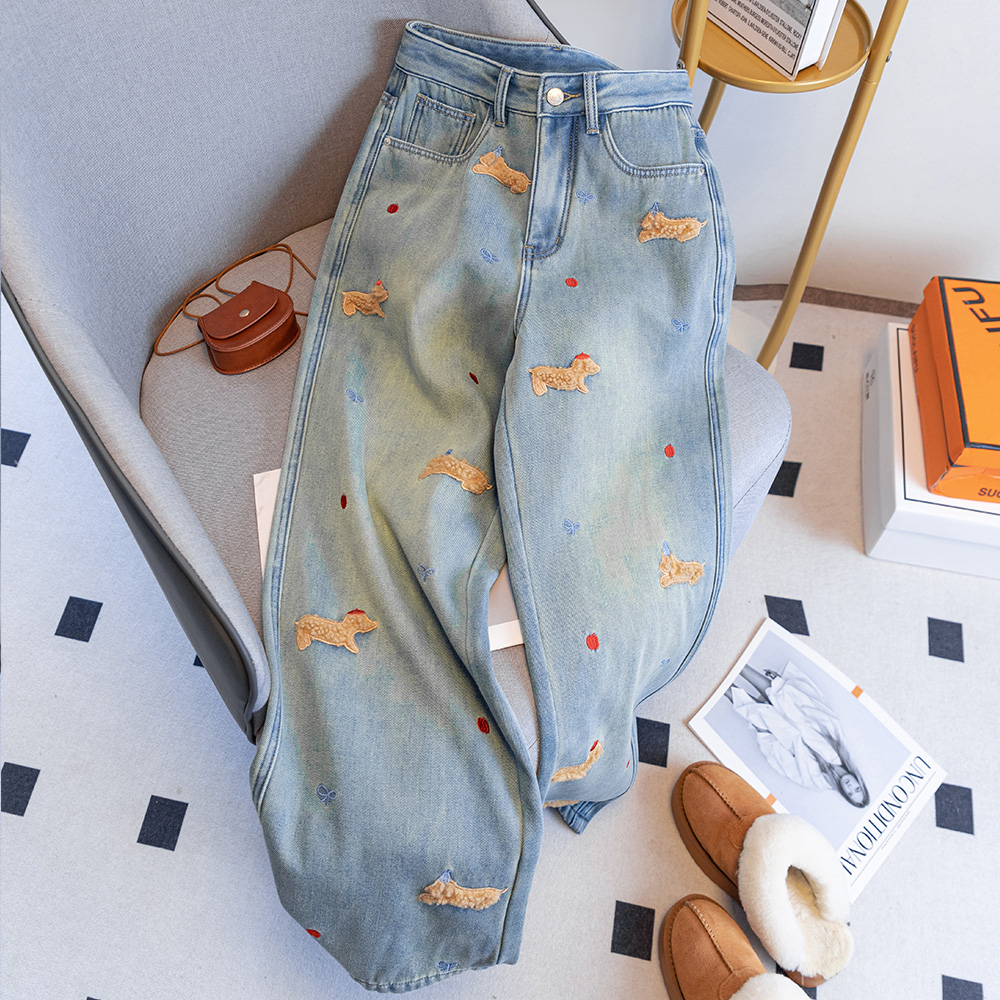 972圣诞刺绣小狗牛仔裤女2025春秋新款保暖阔腿裤宽松显瘦拖地裤