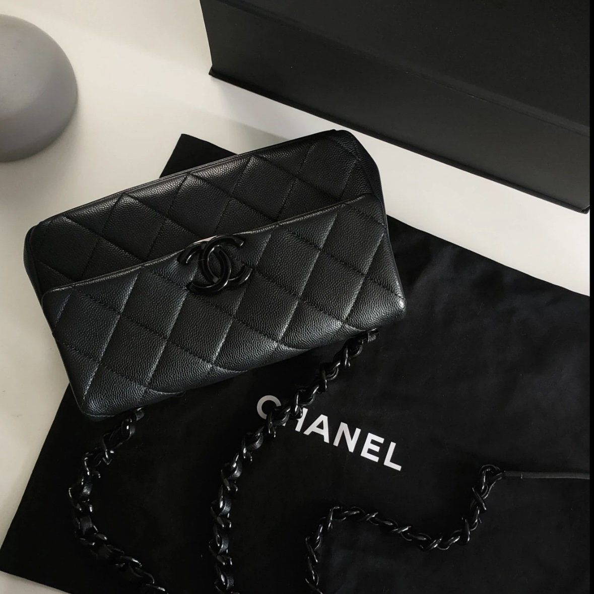 99新 Chanel/香奈儿 8765 黑色荔枝牛亚克力扣单肩斜挎包20