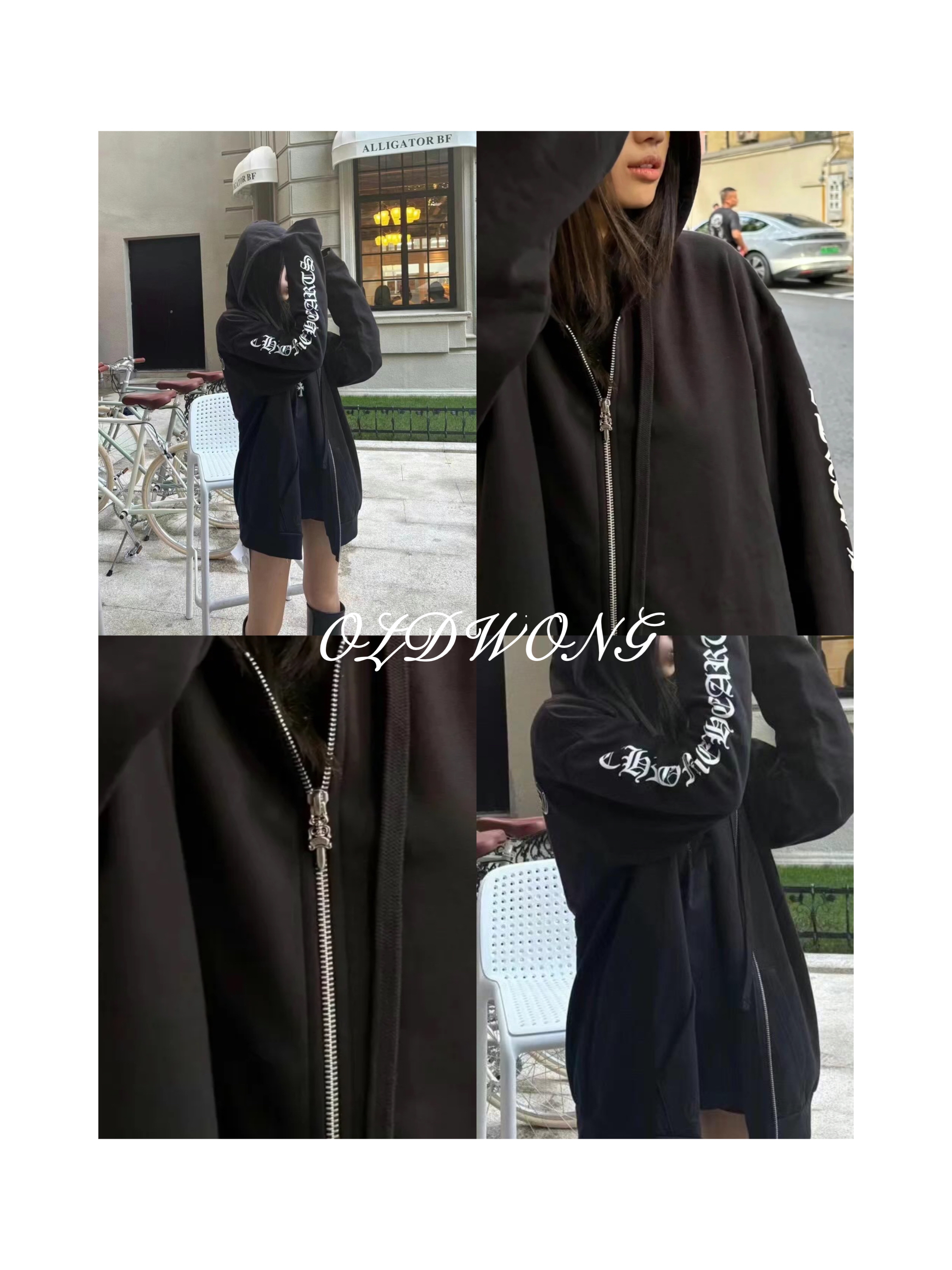 OLDWONG“暗黑风”酷酷字母印花连帽卫衣外套