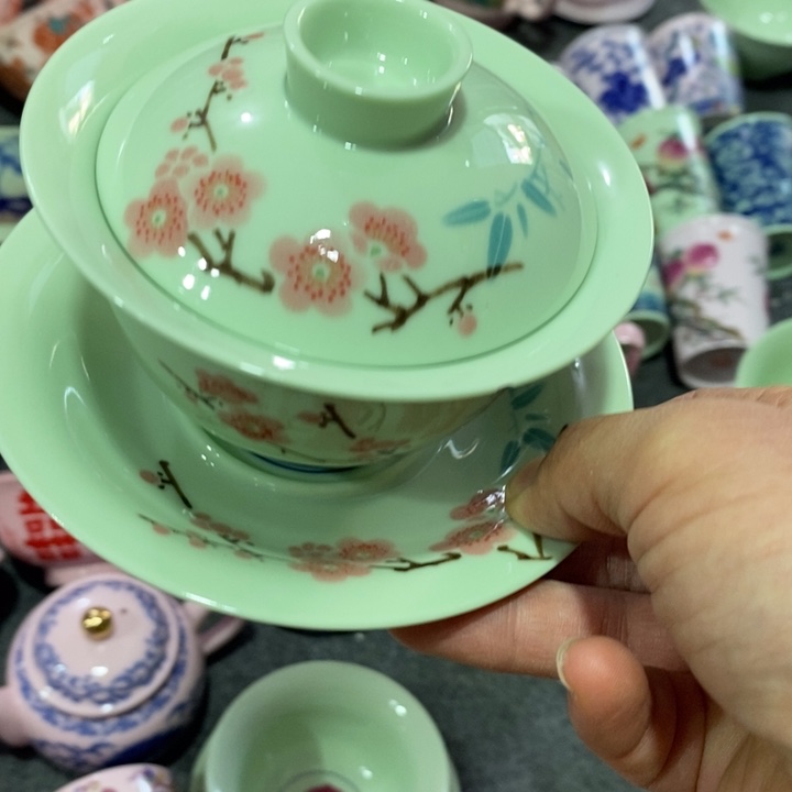 摆件瓷绿稀土翠竹三才盖碗