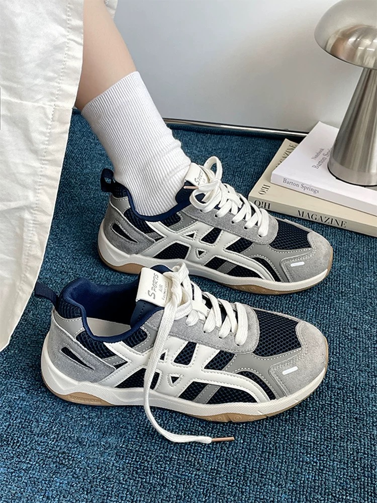 网面透气运动休闲鞋女2025新款轻便百搭厚底女鞋子复古港风跑步鞋