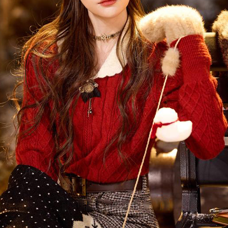 吞吞秋冬【好运小姐 红色】甜美小确幸 法式撞色娃娃领圣诞红毛衣