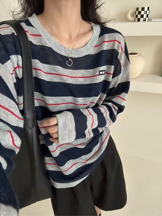 【经典缪系～】圆领条纹薄款针织T恤针织毛衣秋新款女