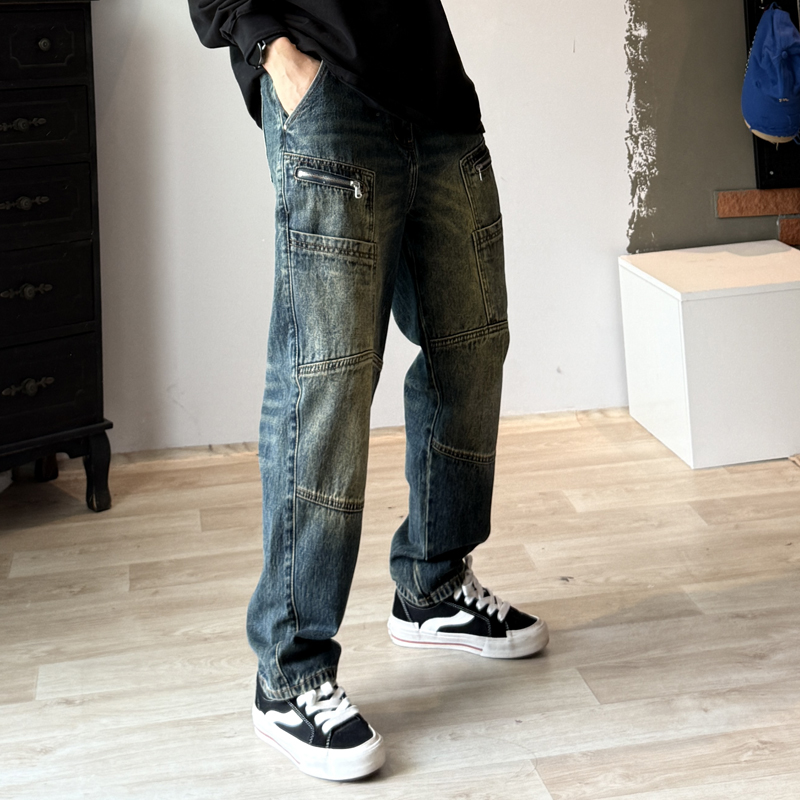 2025秋冬美式潮牌复古水洗做旧个性拼接牛仔裤男宽松直筒长裤百搭