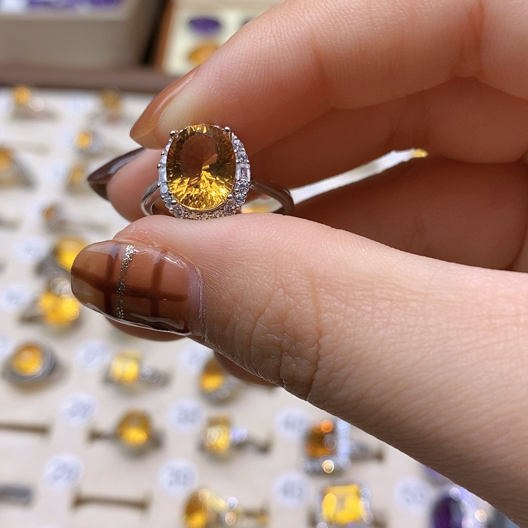 月***弯戒指银S925镶嵌水晶纯天然黄水晶戒指J