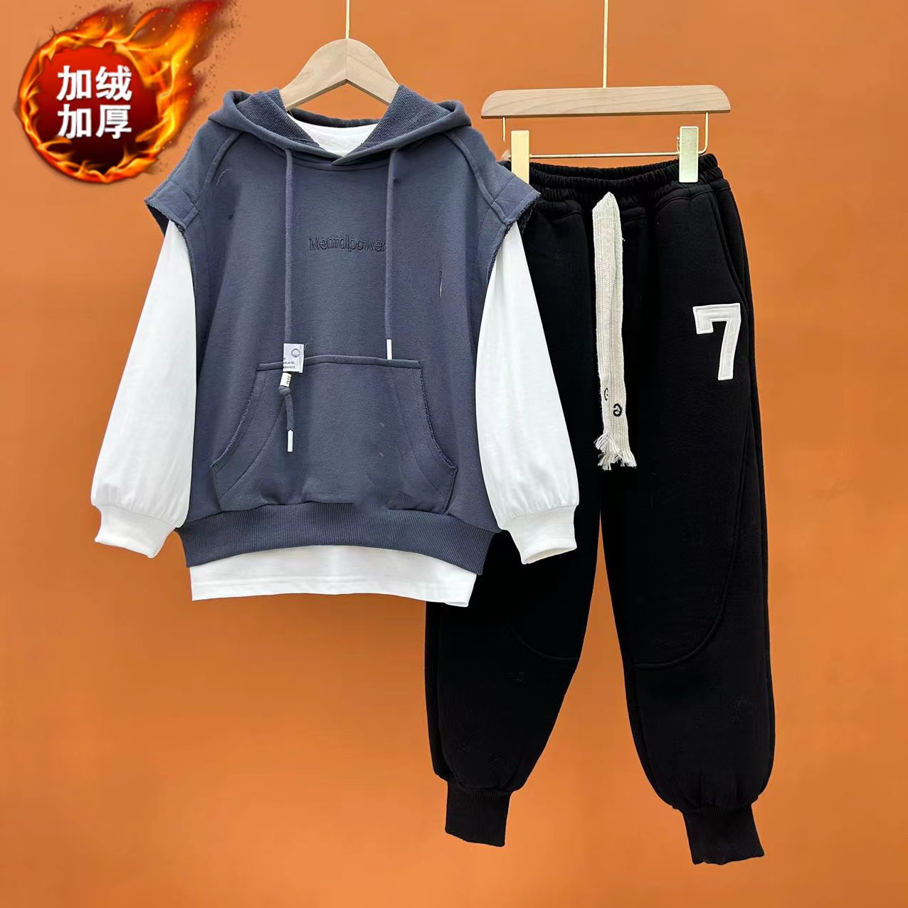 断码不加冬款加绒男女童加绒卫衣套装中大童一体绒上衣亲子装