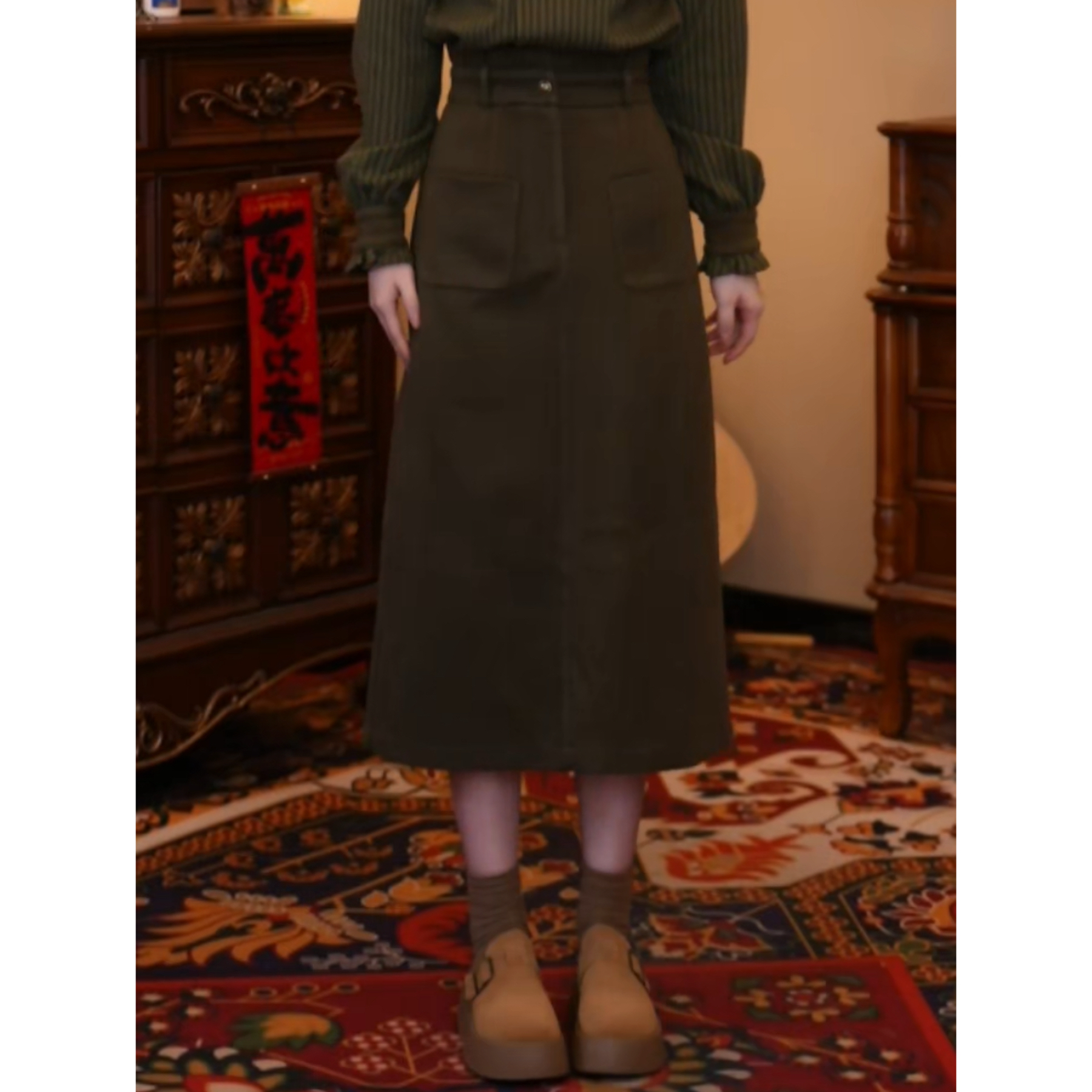 豆芽【清风徐来】复古港味设计感半身裙高腰长裙03447