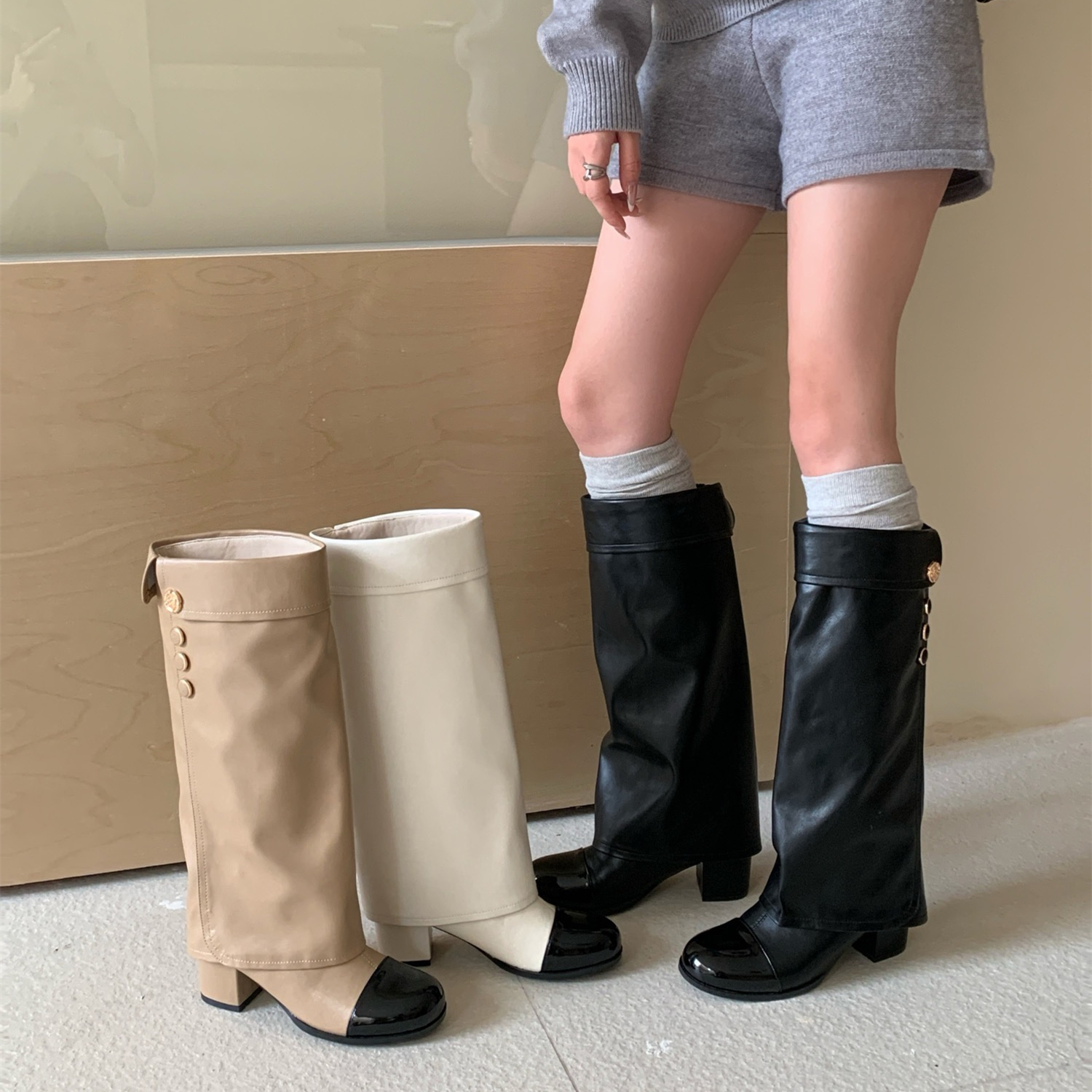 elingstudio 小香辣妹！圆头拼色粗跟高筒靴2025年秋冬不过膝长靴