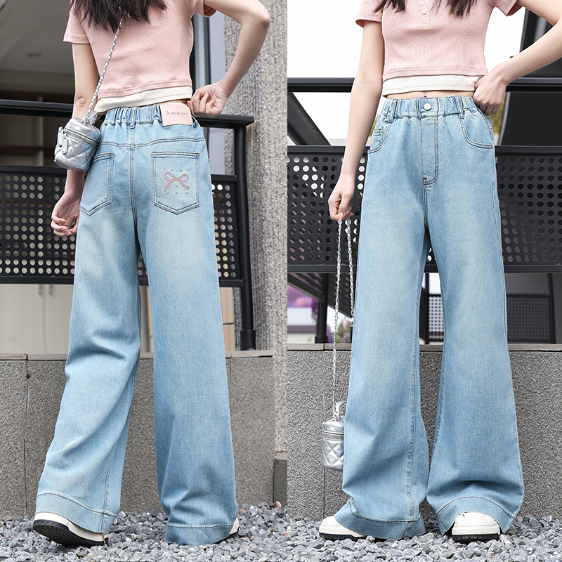 女童夏季薄款牛仔裤2025时尚百搭阔腿裤中大童轻薄透气宽松拖地裤
