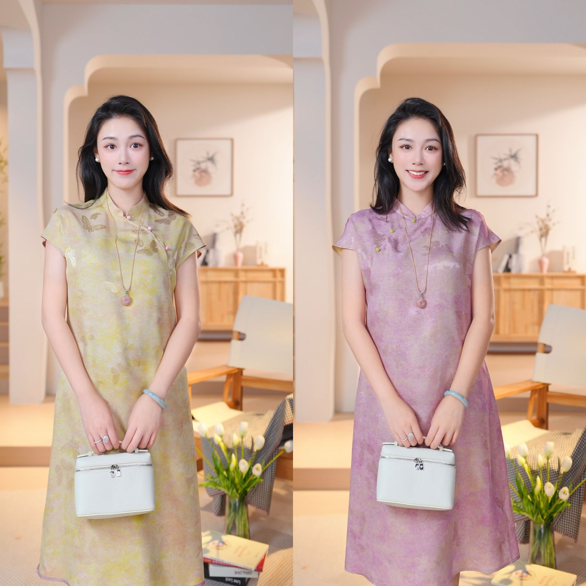 【紫黄绮梦】夏季桑蚕丝双面穿高腰连衣裙旗袍裙中长款绣花森系