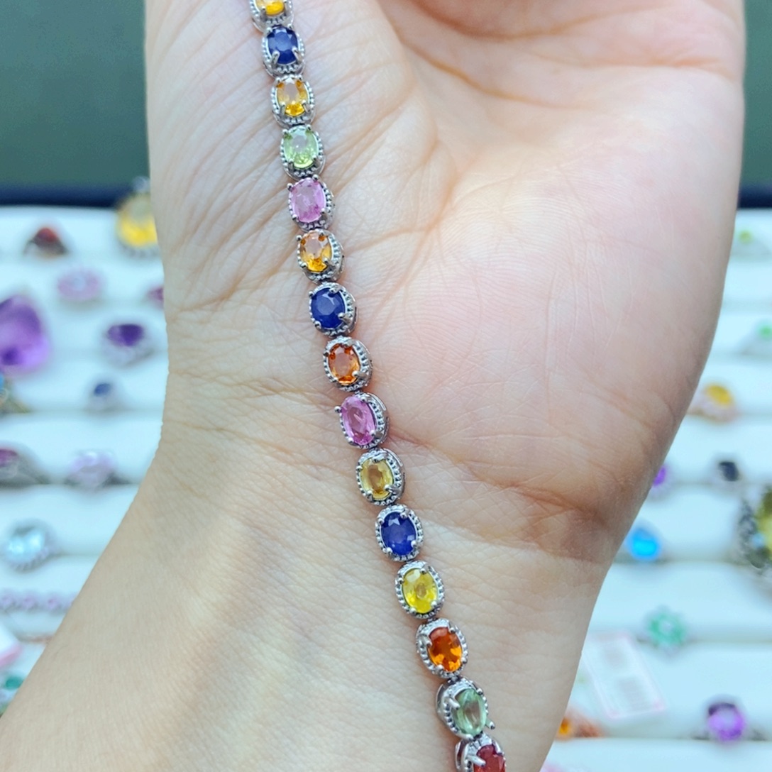 手链彩色蓝宝石银S925镶嵌