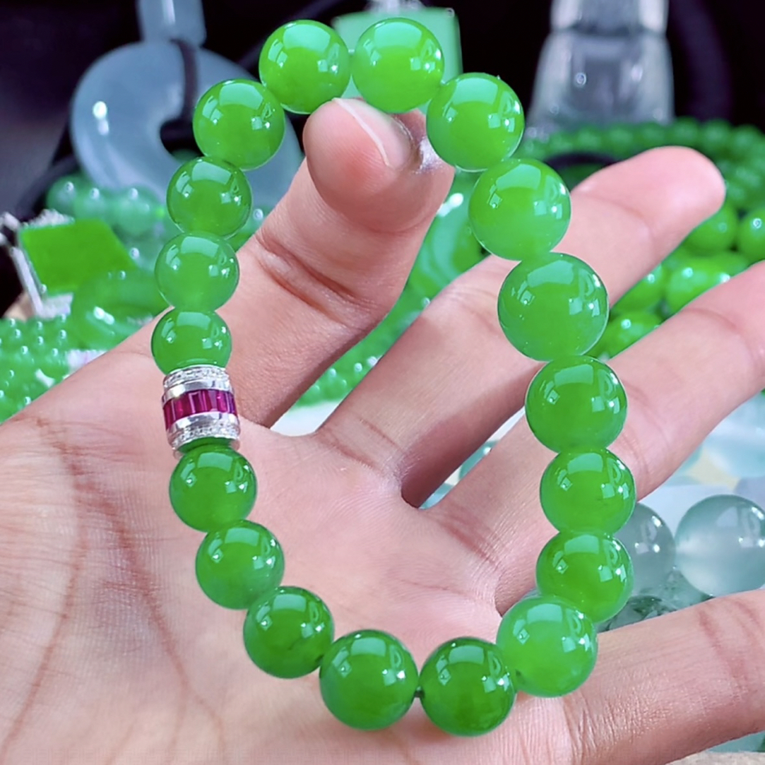 收藏传承级别天然缅甸a货翡翠正阳绿手串