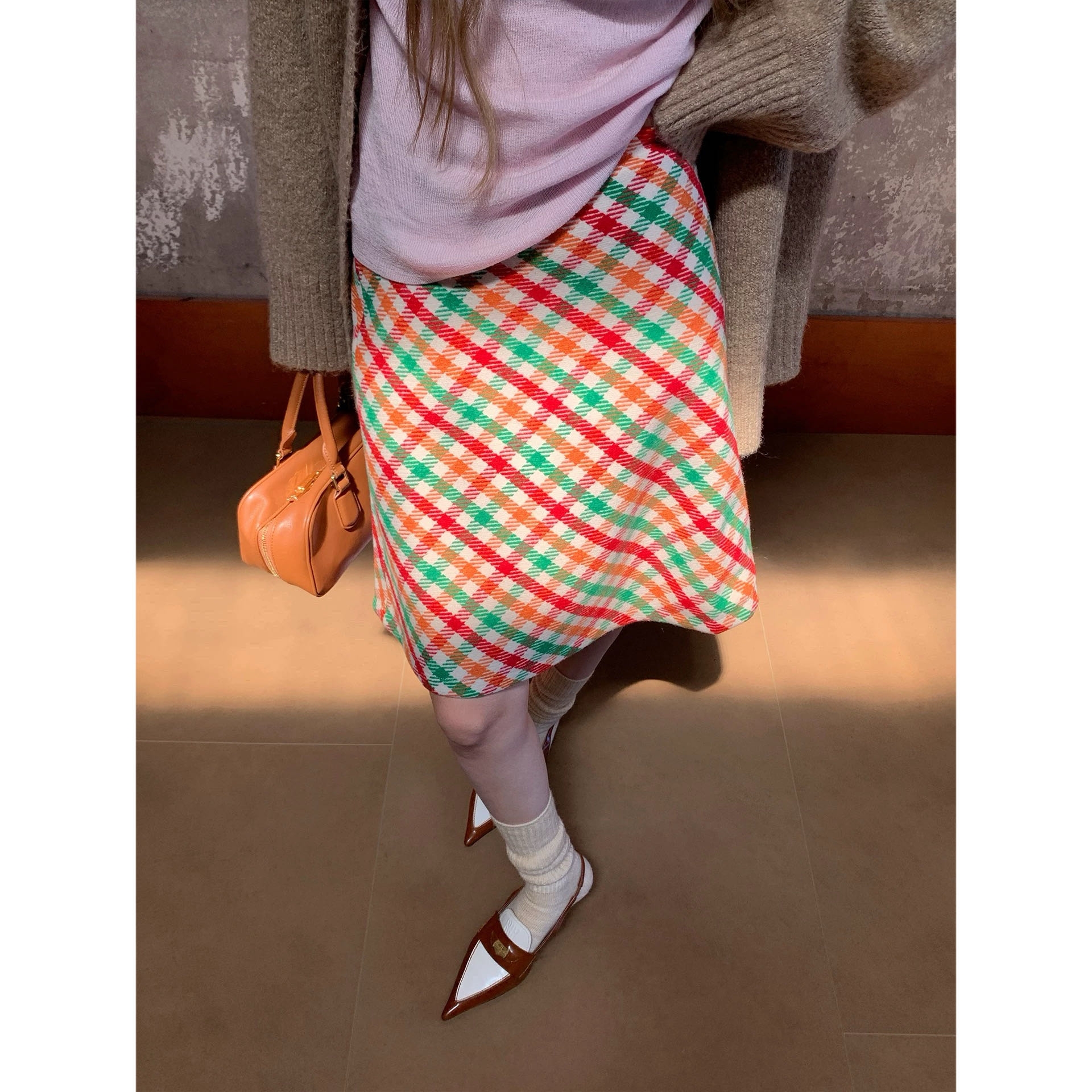 【土豆优选】复古彩虹格纹半身裙