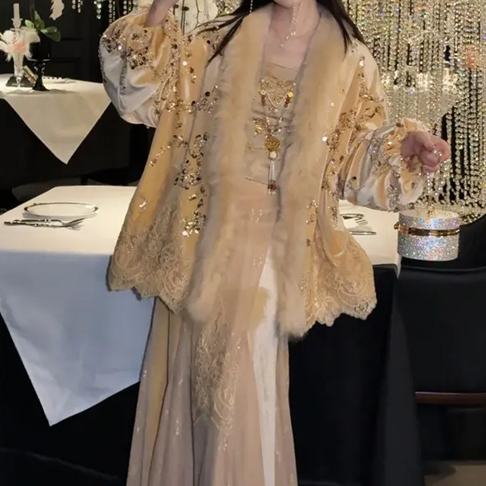 【落日熔金】冬季保暖国风宽松型香槟色毛领羽绒服