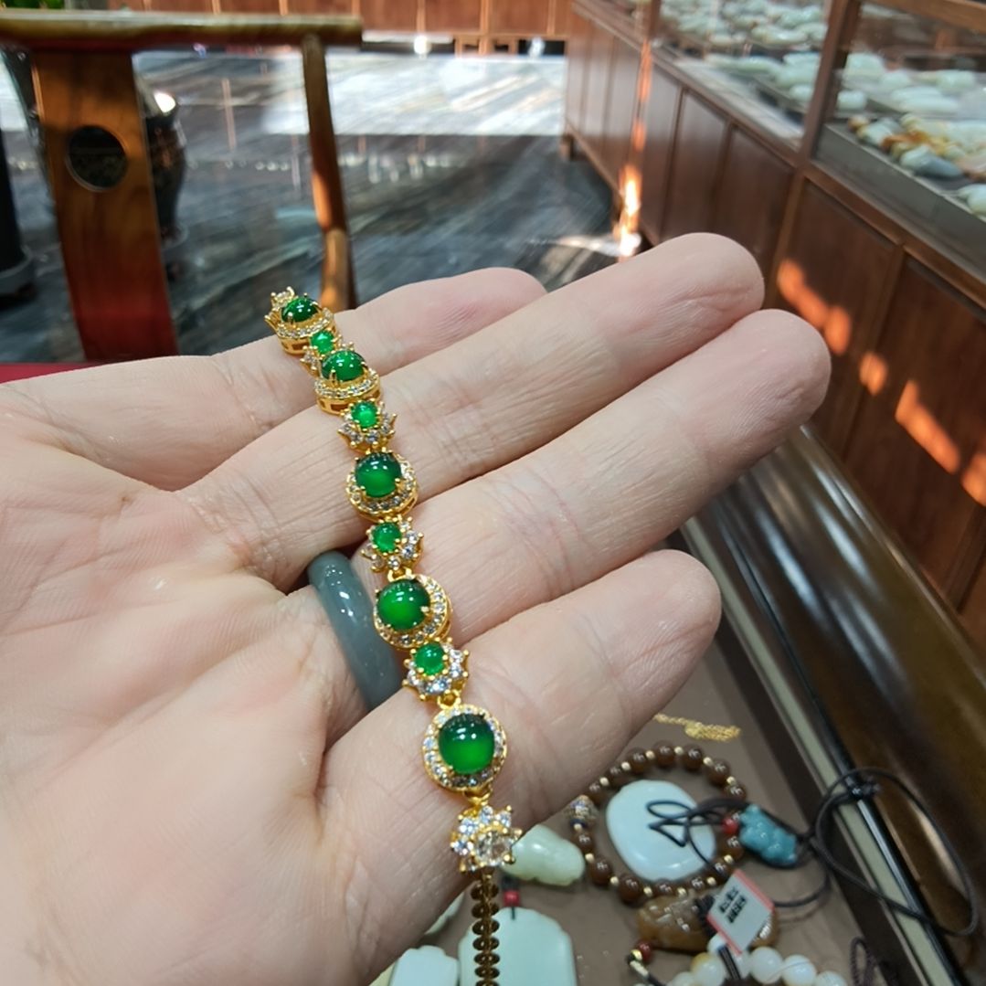 翡翠银S925镀金镶嵌手链天然危地马拉翡翠冰种