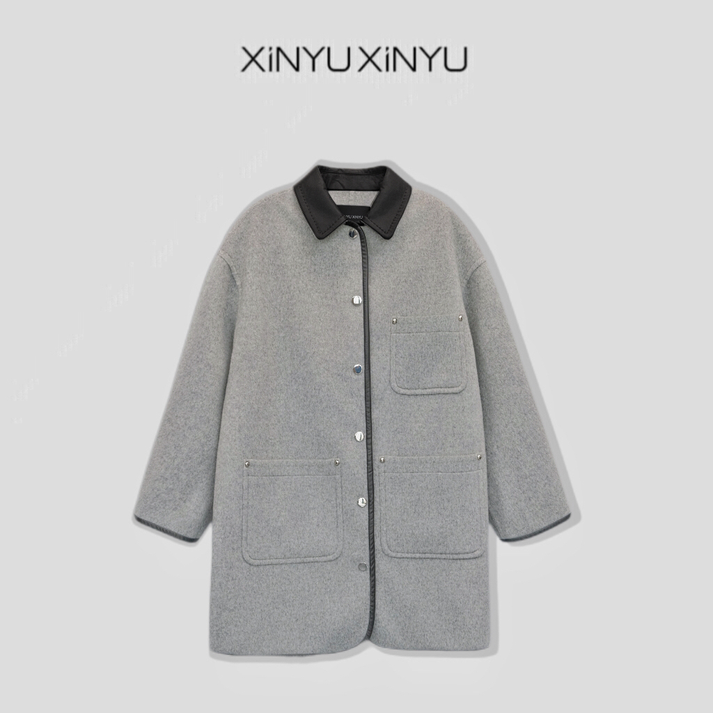 XINYU/芯与『爱尔兰』100绵羊毛牛皮领撞色拼接羊毛大衣 418195 
