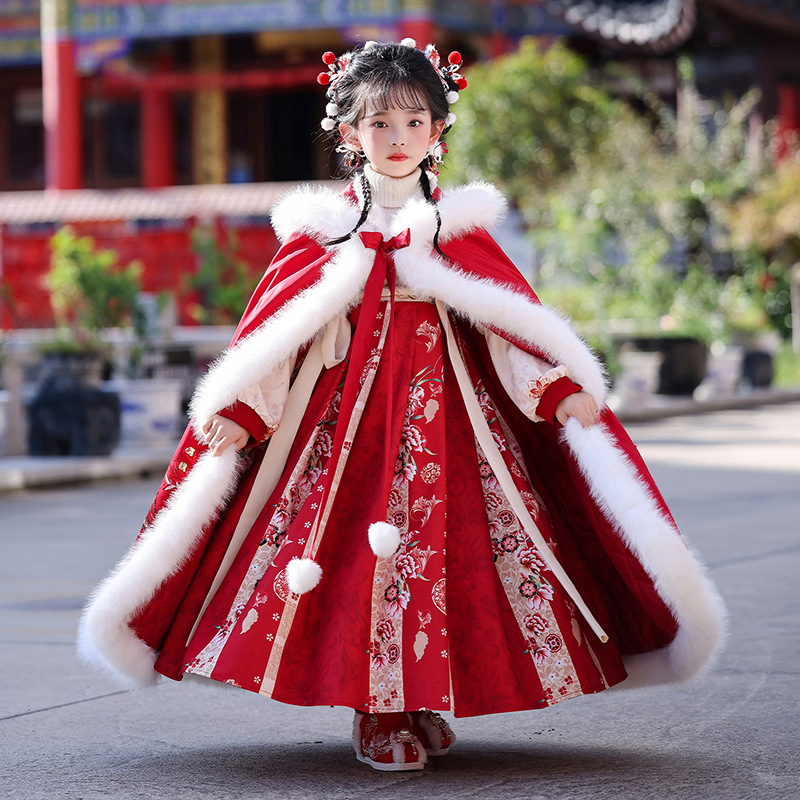冬季古装拜年服套装加绒加厚儿童唐装古风冬款秋冬红色中国风斗篷