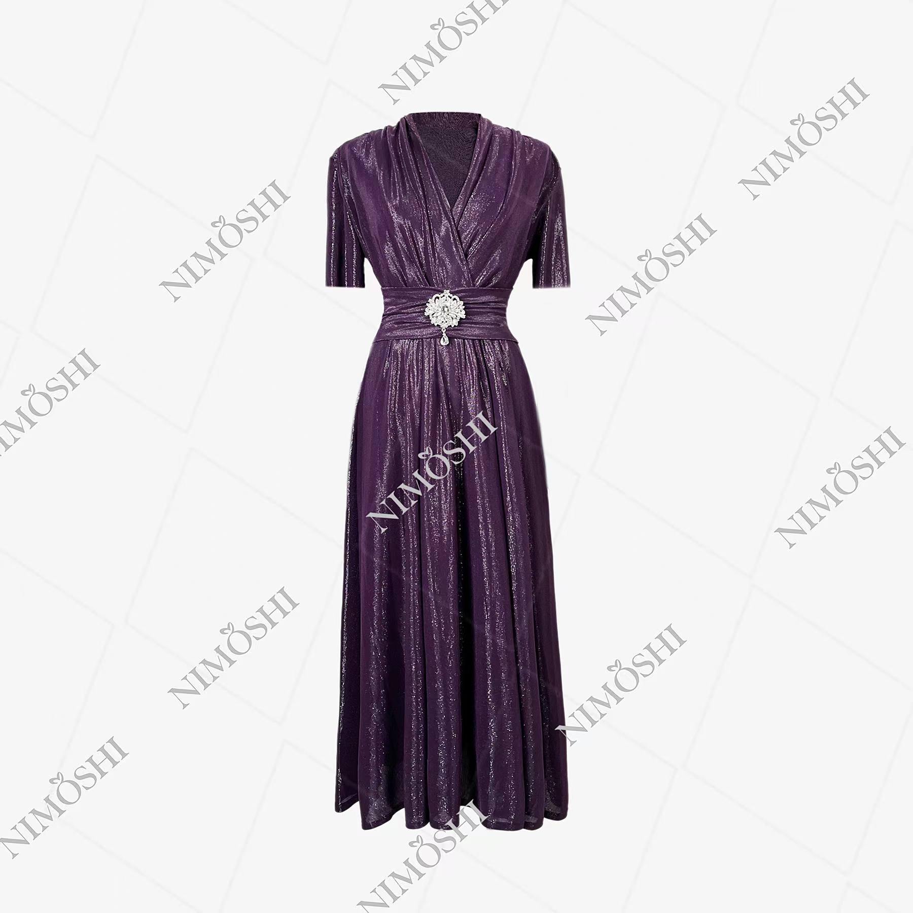 NIMeSHI【莎莎】法式韵味V领高贵优雅束腰百褶裙显瘦连衣裙Q1330