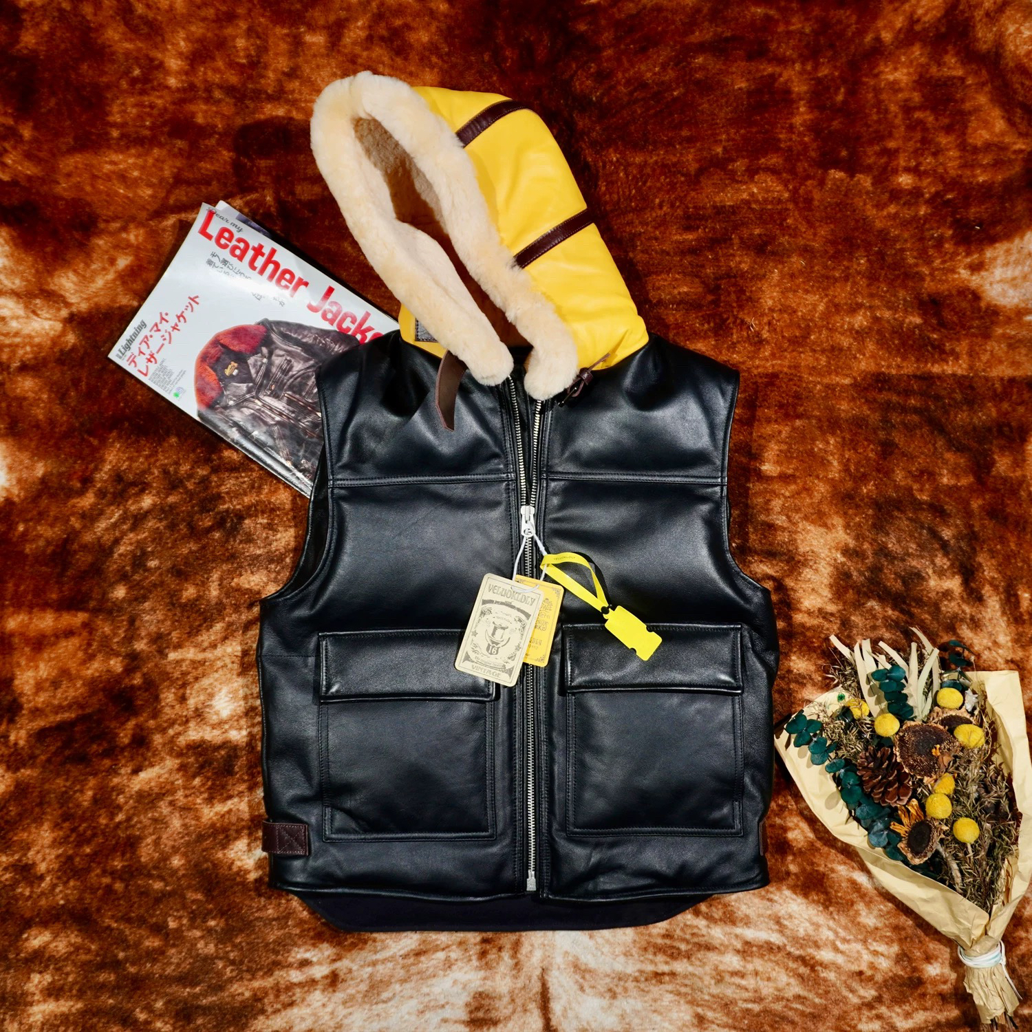 经典复古撞色复古真皮棉服马甲背心冬季机车马夹连帽无袖修身