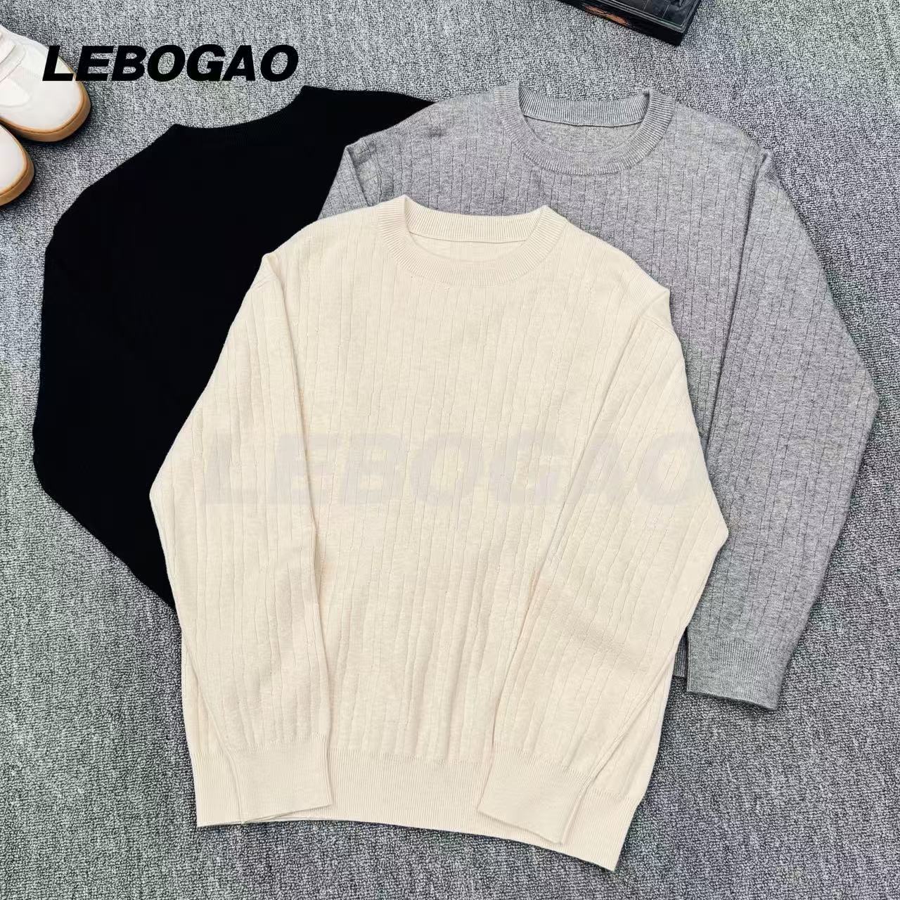 【LEBOGAO】秋冬纯色薄款针织衫圆领休闲风套头长袖男款毛衣-26352