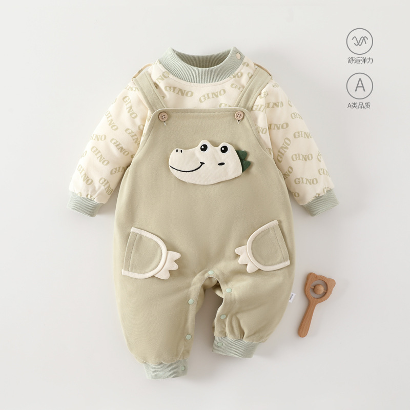 婴儿背带裤套装秋冬款加棉加厚宝宝连体衣-浩昕