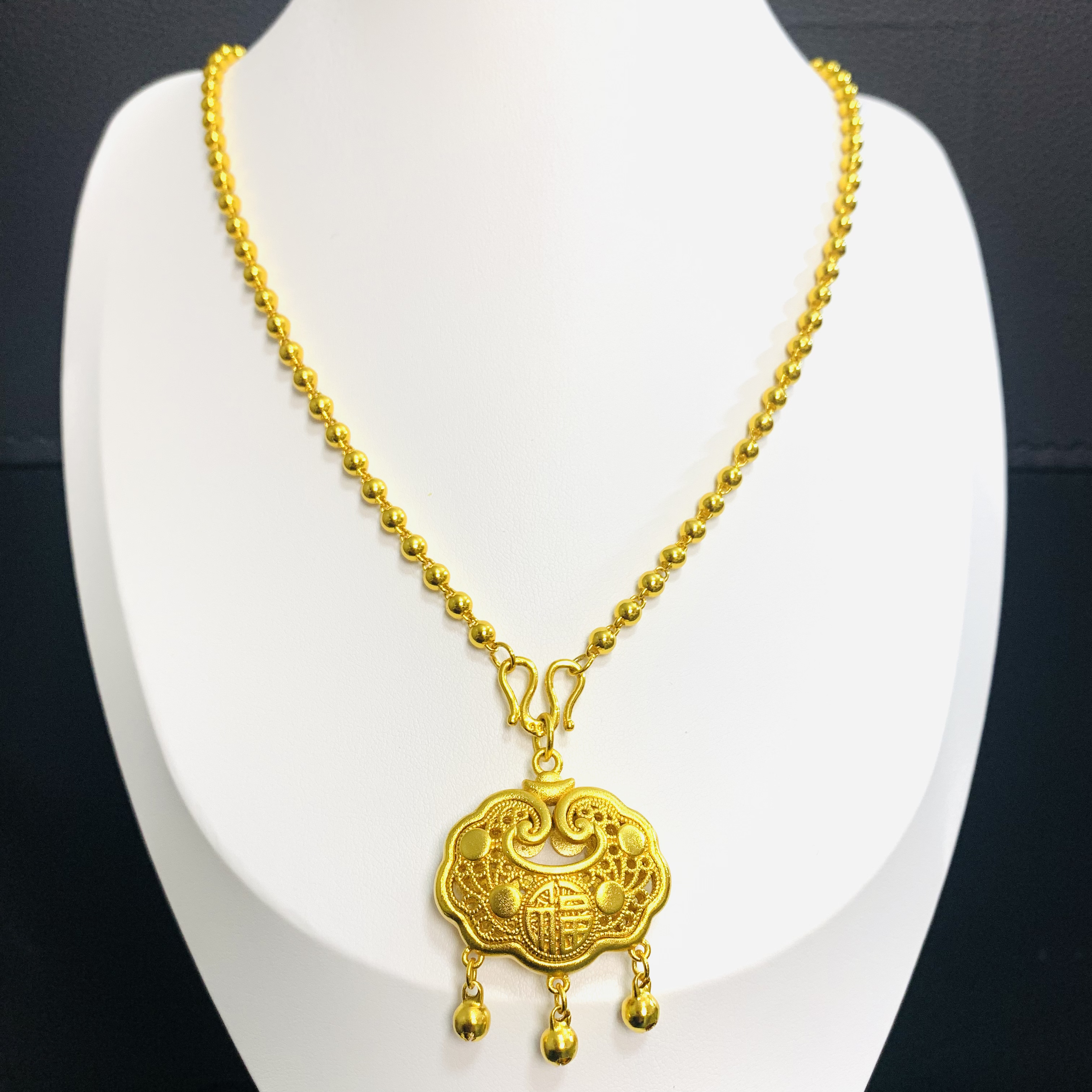 铜合金项链 卡4mm珠珠配福锁铃铛项链