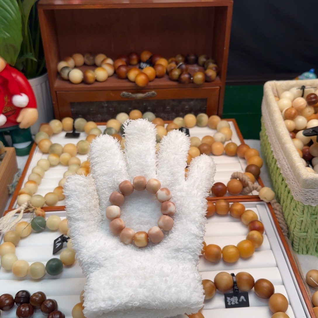 菩提根/象牙果手串卡14桶珠粉色系大手捻干磨微瑕